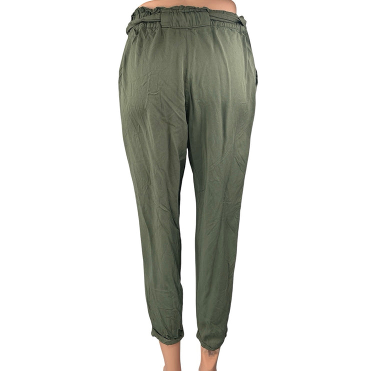 Know One Cares Women's Olive Green High Waist Tapered Paperbag Trousers Pants S