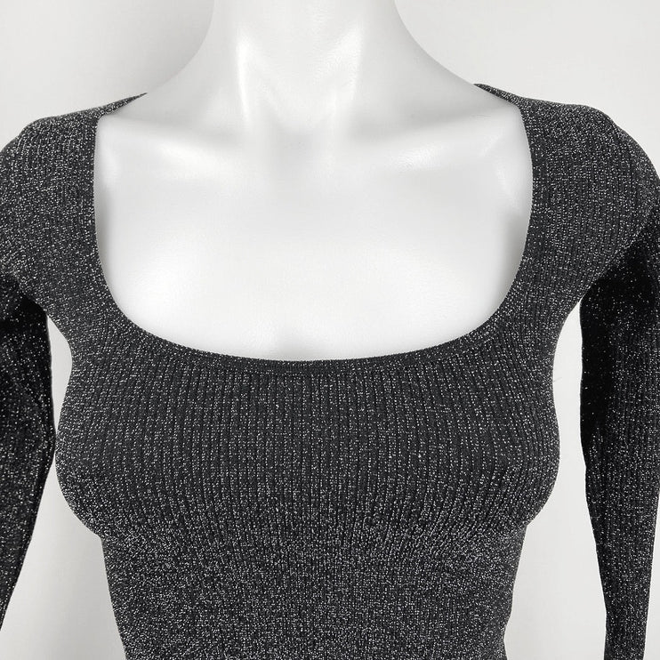 Zara Black Ribbed Knit Scoop Neck Long Sleeve Speckled Sweater Crop Top Sz XS/S