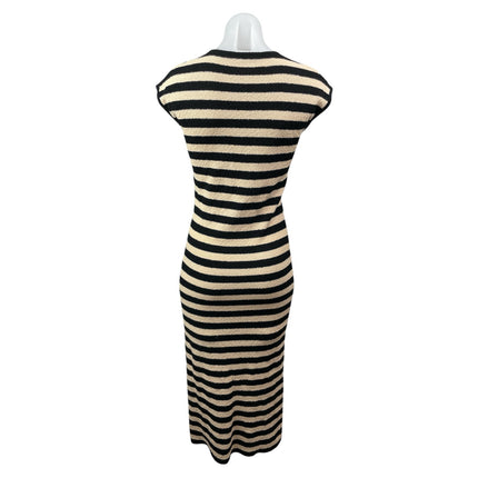 Zara Women's Black Cream Striped Knit Cap Sleeve Midi Sheath Bodycon Dress Sz S