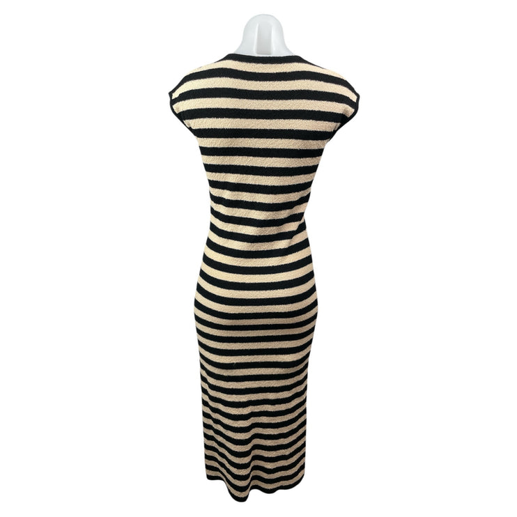 Zara Women's Black Cream Striped Knit Cap Sleeve Midi Sheath Bodycon Dress Sz S