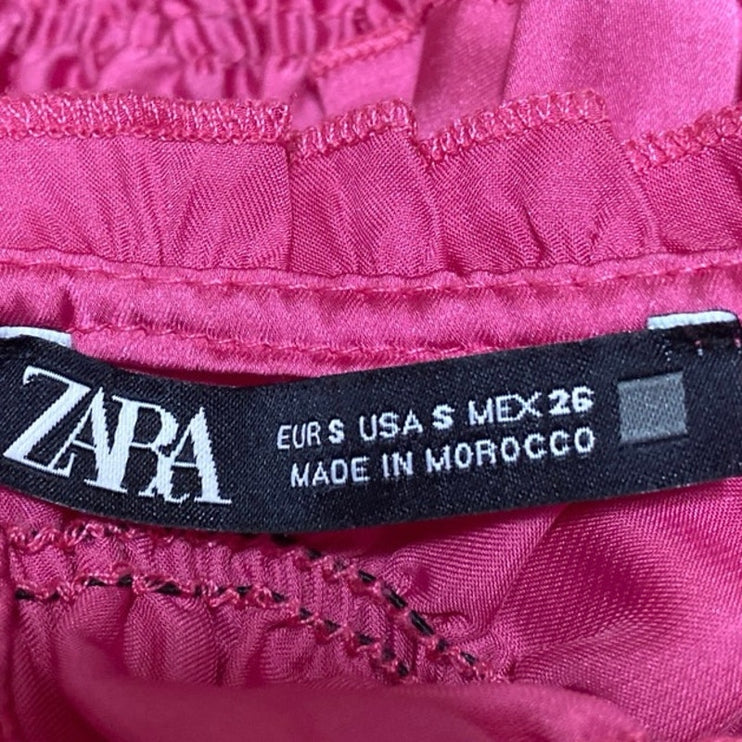 Zara Pink Silk Satin Sleeveless Ruffle Mock Neck Ruched Blouse Crop Top Size S