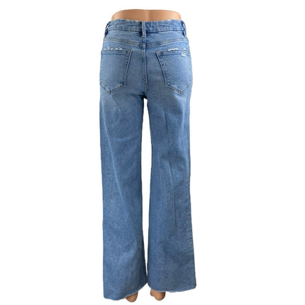 Mica Dehours Stretch Super High Rise Blue Distressed Wide Leg Denim Jeans Sz 24