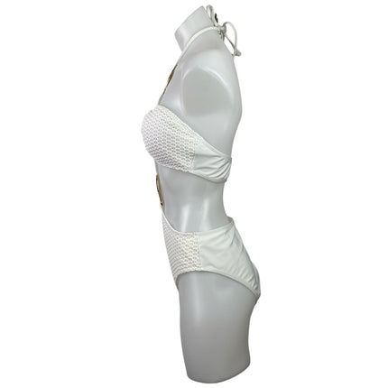 Womens White Crochet Cutout One Piece Swimsuit & Skirt Cover Up Co-ords Set Sz M