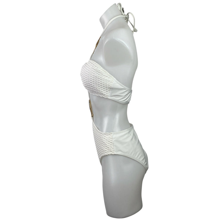 Womens White Crochet Cutout One Piece Swimsuit & Skirt Cover Up Co-ords Set Sz M