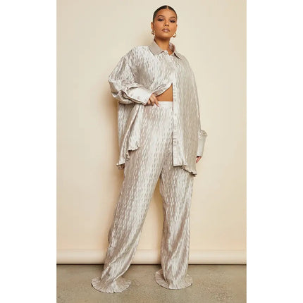 NEW PrettyLittleThing Oatmeal Beige Plisse Oversized Shirt Pants Set Size 26