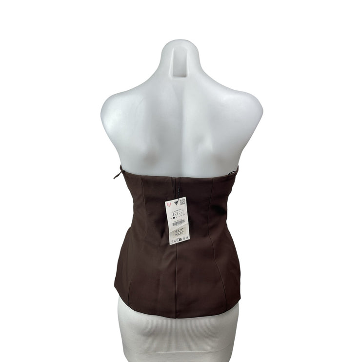 NEW Zara Women's Brown Strapless V Neck Tube Bandeau Pocket Blouse Top Size S