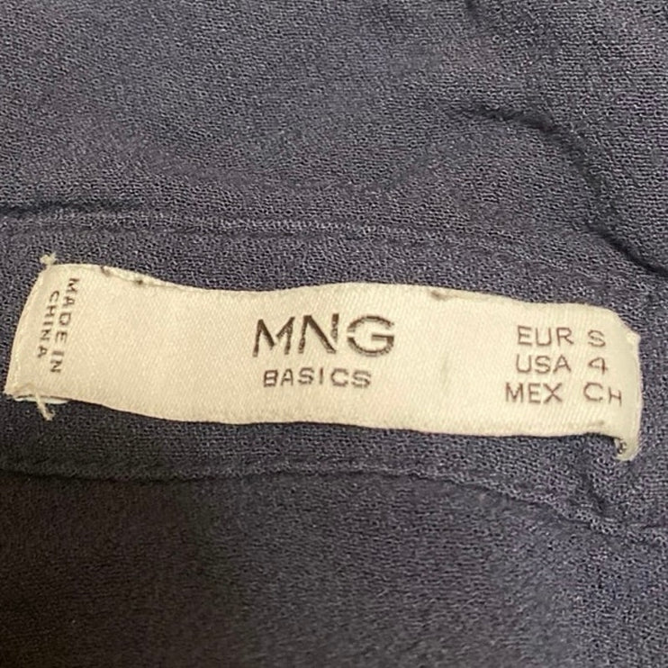 MNG Mango Women's Navy Blue Short Cap Sleeve V Neck Button Up Shirt Top Size 4