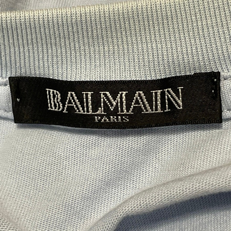 Balmain Womens Blue Button Shoulder Short Sleeve Graphic Logo Tee T-shirt Top M