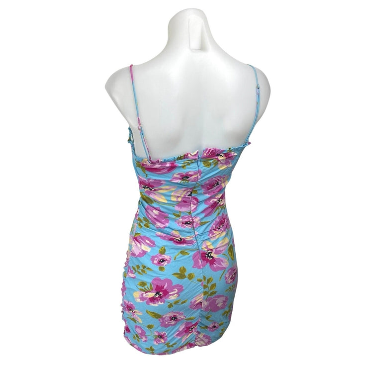 Zara Blue Pink Floral Sleeveless Ruched Cami Camisole Tank Mini Bodycon Dress XS