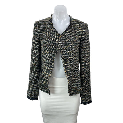 LOFT Women's Black White Long Sleeves Open Front Fringe Tweed Coat Jacket Size 4