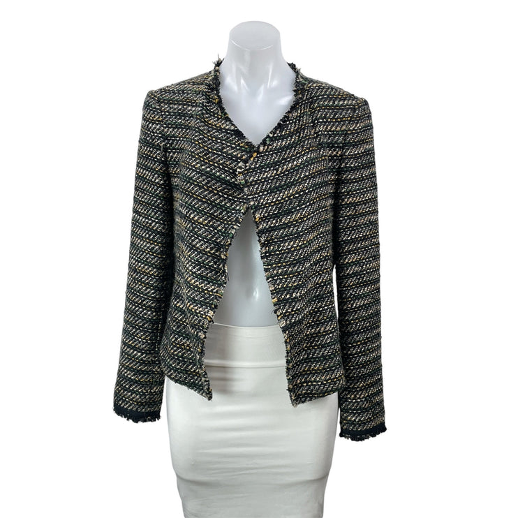 LOFT Women's Black White Long Sleeves Open Front Fringe Tweed Coat Jacket Size 4