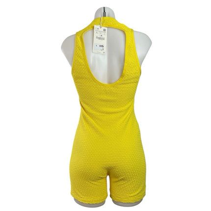 NEW Zara Bright Yellow Plunge Sleeveless Textured Open Back Romper Shorts Size L
