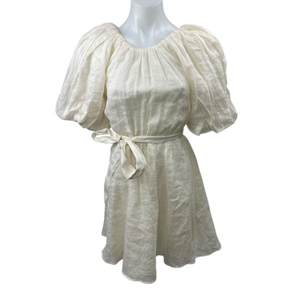 Banana Republic White Ramie Short Puff Sleeve Open Back Mini A-line Dress Sz XS