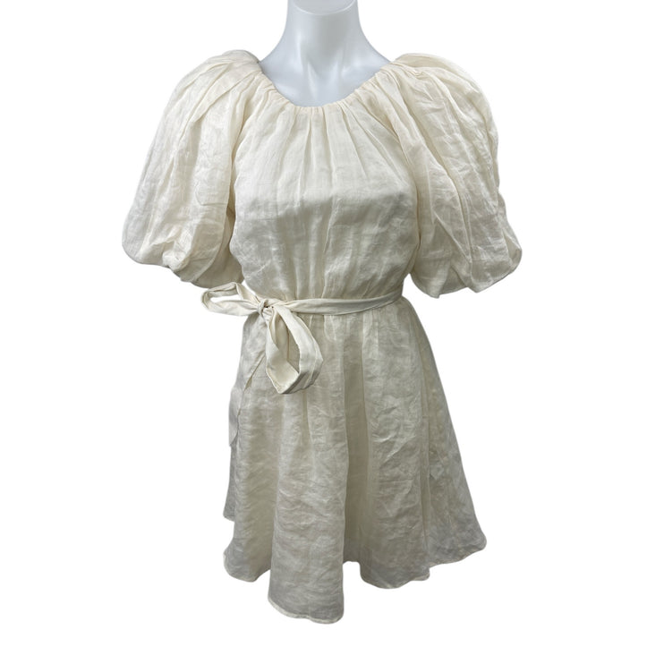 Banana Republic White Ramie Short Puff Sleeve Open Back Mini A-line Dress Sz XS