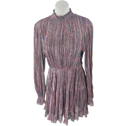 O.P.T Multicolor Metallic Striped Long Sleeve Mock Neck Mini Fit & Flare Dress L
