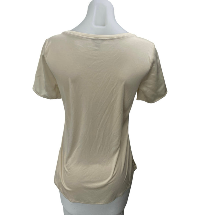 Ann Taylor Women's Cream Silky Satin Crewneck Short Sleeve Shirt Blouse Top XS