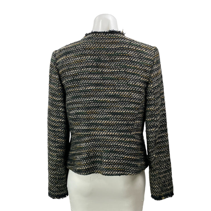 LOFT Women's Black White Long Sleeves Open Front Fringe Tweed Coat Jacket Size 4