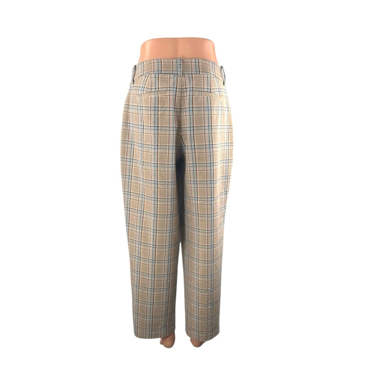 A New Day Women Tan Plaid Tartan Wide Leg Straight Cropped Trousers Pants Size 4