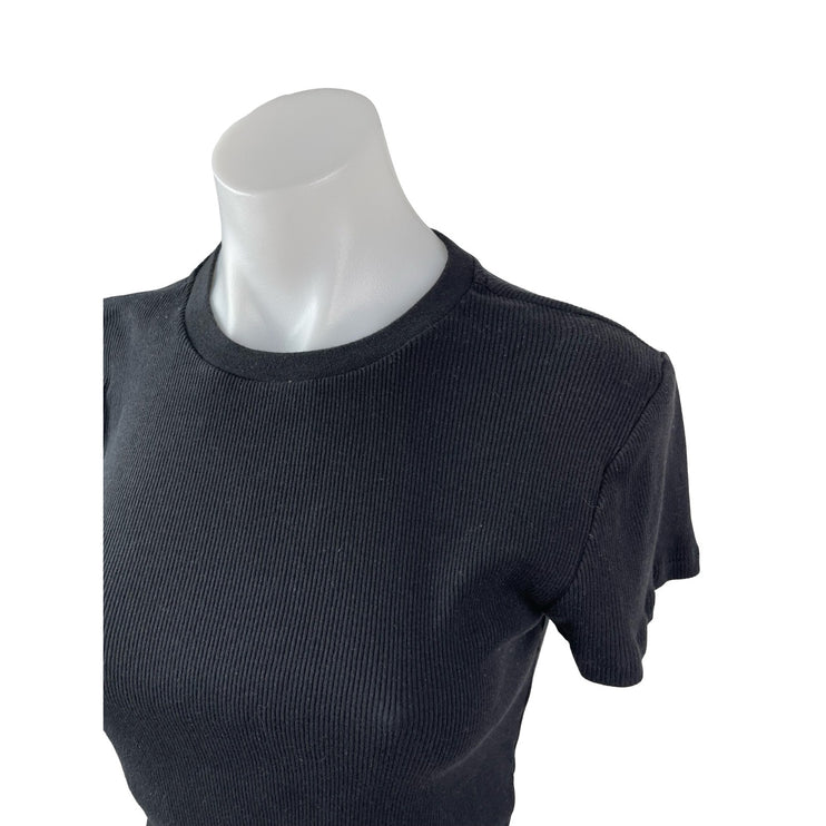 Aritzia TNA Women's Black Ribbed Knit Crew Sculpt Cropped T Shirt Tee Top Size L