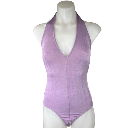 Princess Polly Purple Metallic Knit Halter V-neck Backless Thong Bodysuit Top 2