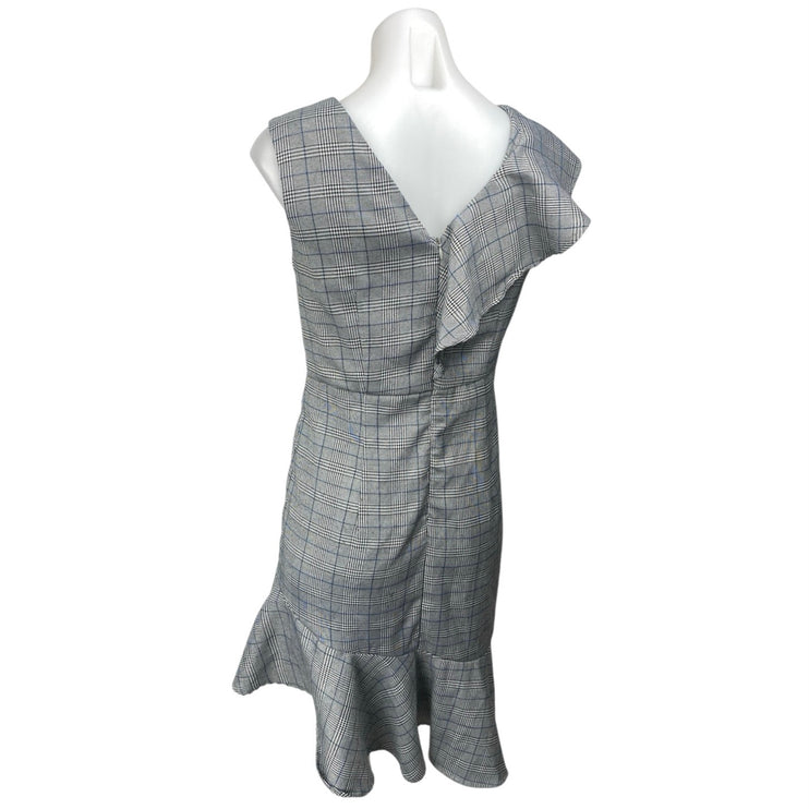 Aqua Gray Plaid Tartan Sleeveless Ruffle Asymmetric V Neck Mini Sheath Dress S