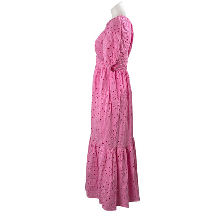 Zara Pink Embroidered Eyelet Floral Balloon Sleeve Tiered A Line Maxi Dress XS