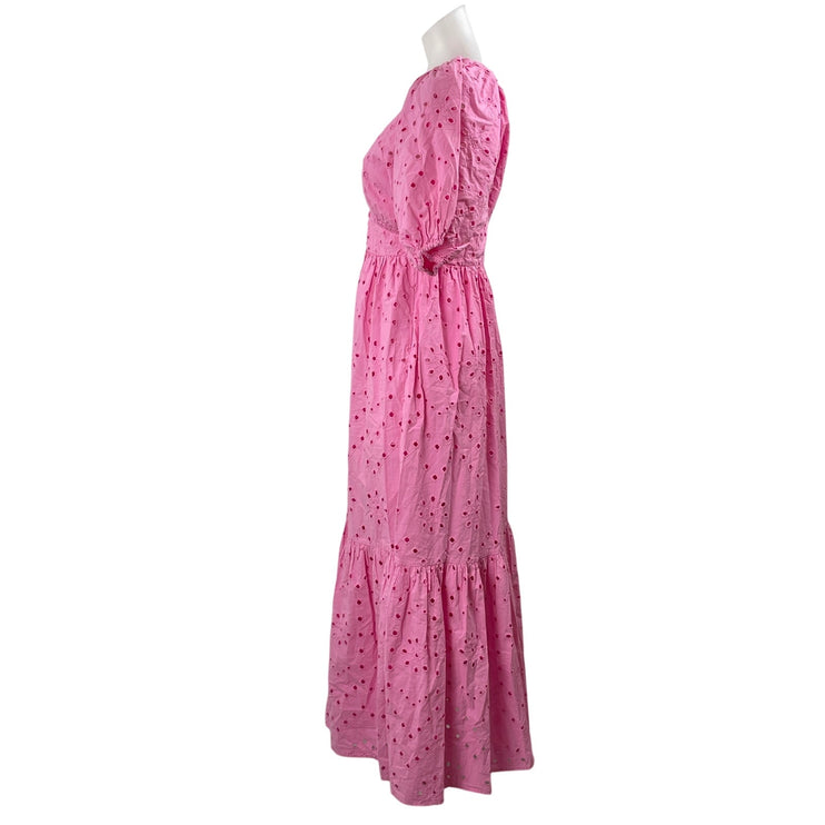 Zara Pink Embroidered Eyelet Floral Balloon Sleeve Tiered A Line Maxi Dress XS