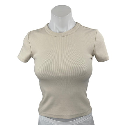 Zara Women's Beige Short Sleeve Ribbed Knit Crew Neck T Shirt Tee Top Size S