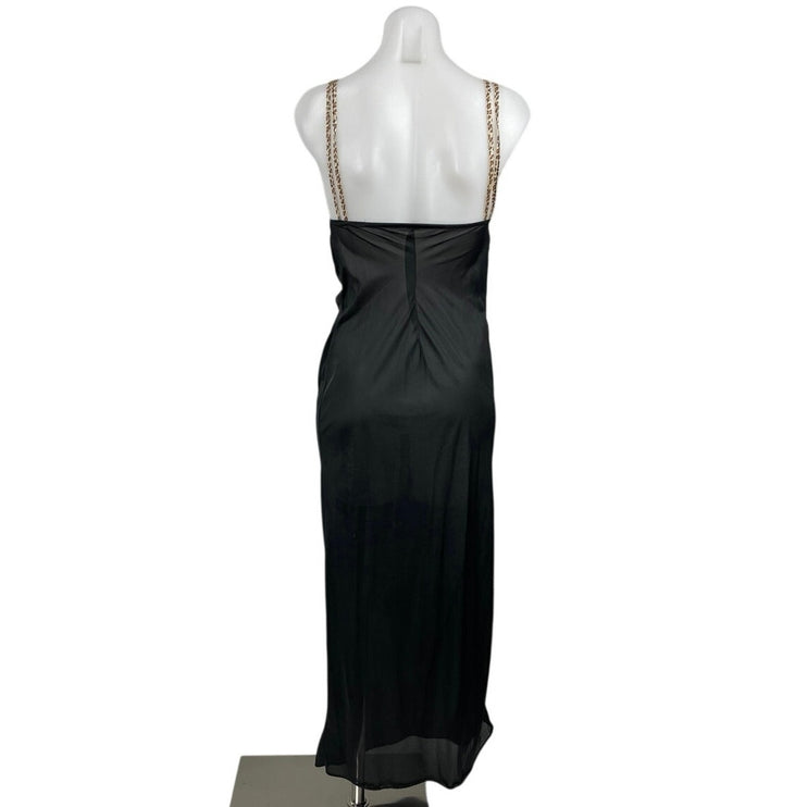 Women's Black Leopard Sleeveless Sheer Mesh Tank Cami Maxi Slip Dress Size M