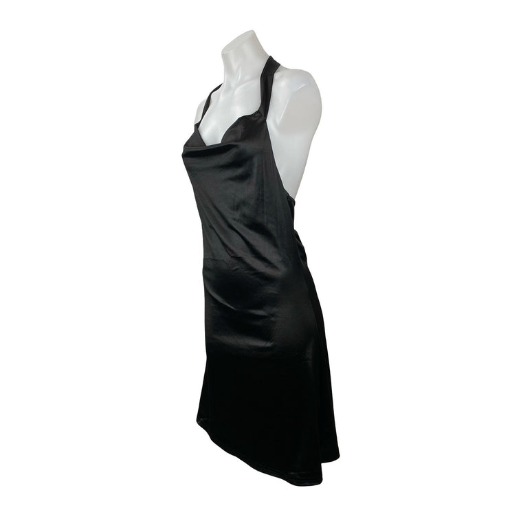 NEW Zaful Black Silk Satin Halter Cowl Neck Backless A Line Mini Dress Size M