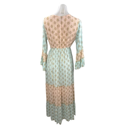 NEW Ananta Blue Long Sleeve Metallic Tapestry Colorblock A Line Maxi Dress L/XL
