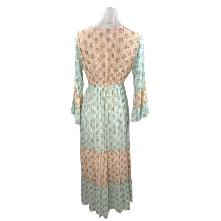 NEW Ananta Blue Long Sleeve Metallic Tapestry Colorblock A Line Maxi Dress L/XL