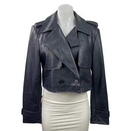 7 For All Mankind Black Faux Leather Vegan Cropped Biker Moto Coat Jacket Size M