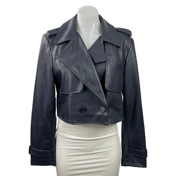 7 For All Mankind Black Faux Leather Vegan Cropped Biker Moto Coat Jacket Size M