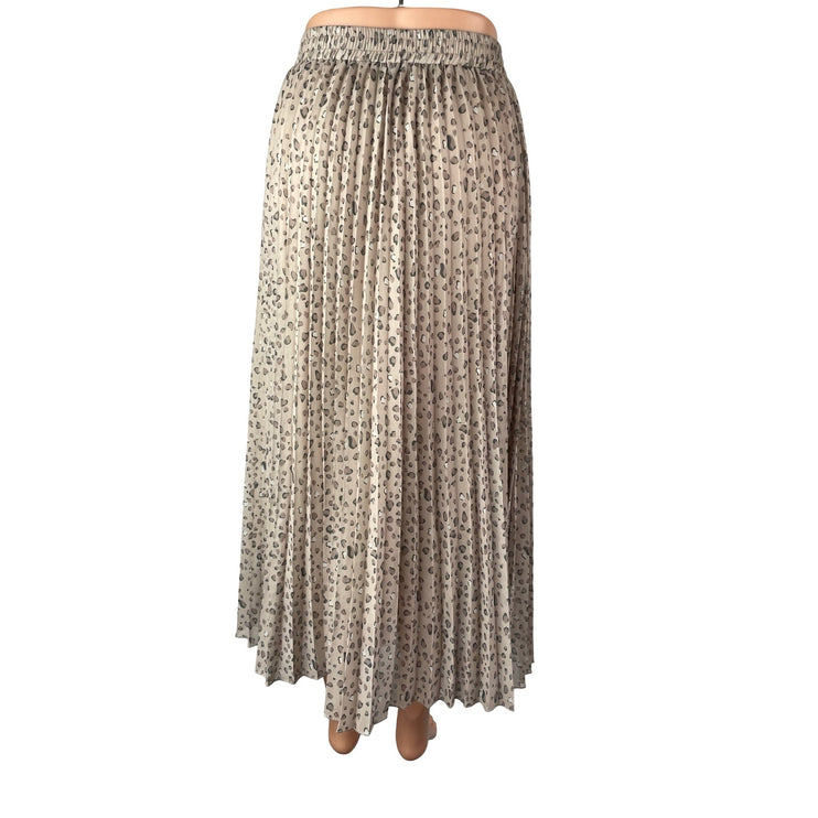 Exlura Beige Leopard Animal Print Pleated High Waist A Line Midi Skirt Size S