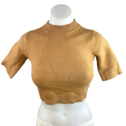 Princess Polly Tan Ribbed Knit Short Sleeve Mock Neck Sweater Crop Top Size XS/S