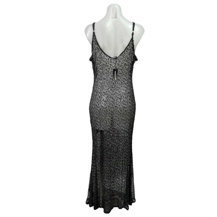 NEW PrettyLittleThing Black Sequin V Neck Sheer Cami Tank Maxi Dress Size 12