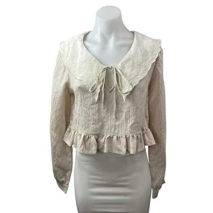 Zara Women's Beige Long Sleeve Tie Collared Ruffle Crop Peplum Blouse Top Size M