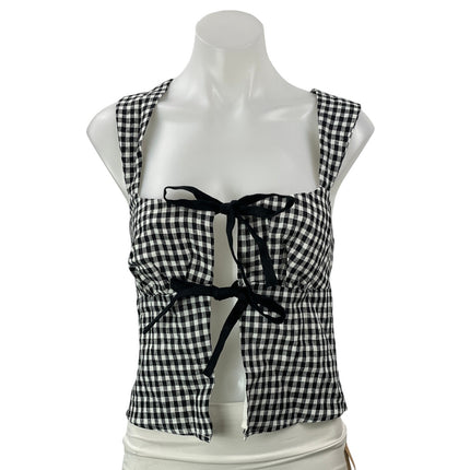 NEW Reformation Azalea Black White Sleeveless Linen Gingham Tie Crop Tank Top 2
