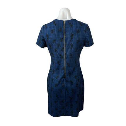 Calvin Klein Blue Black Plaid Floral Embroidered Short Sleeve Sheath Dress S/M