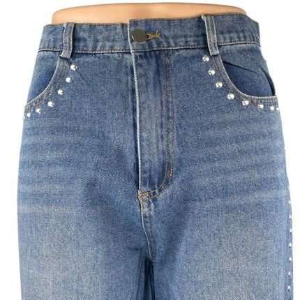 Women's Blue Studded Medium Wash High Waist Flared Bootcut Denim Jeans Pants 28
