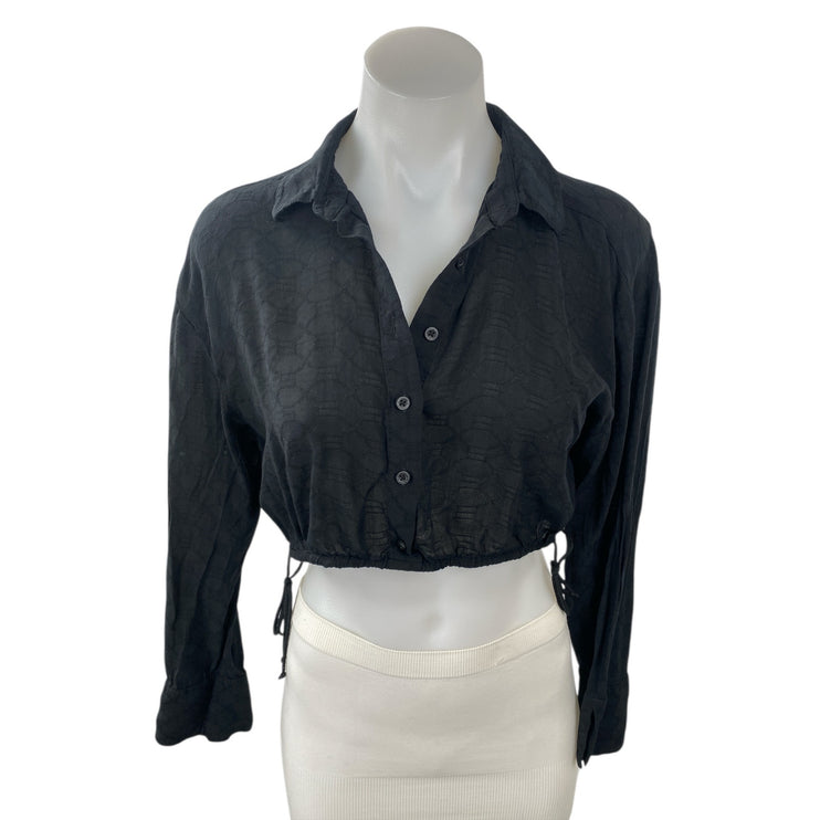 Savage X Fenty Black Collared Long Sleeve Crop Button Down Shirt Blouse Top Sz S