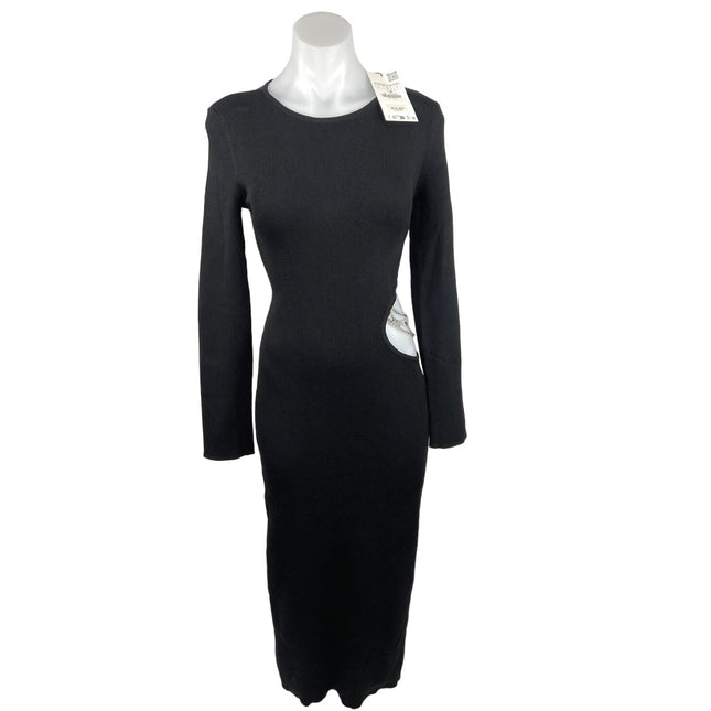 Zara NWT Black Cutout Waist Gold Chain Jewelry Long Sleeve Midi Sheath Brie Zara NWT Black Cutout Waist Gold Chain Jewelry Long Sleeve Midi Sheath Brie