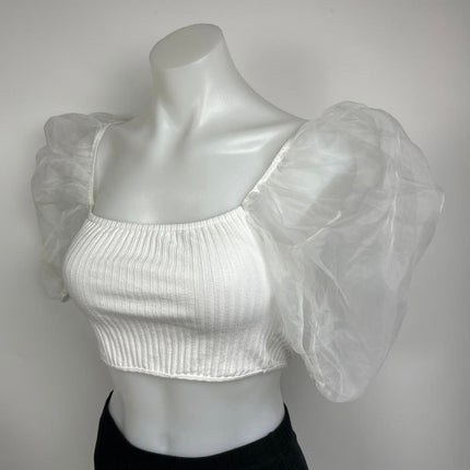 Zara White Combined Organza Knit Puff Sleeve Square Neck Cropped Blouse Top Sz S