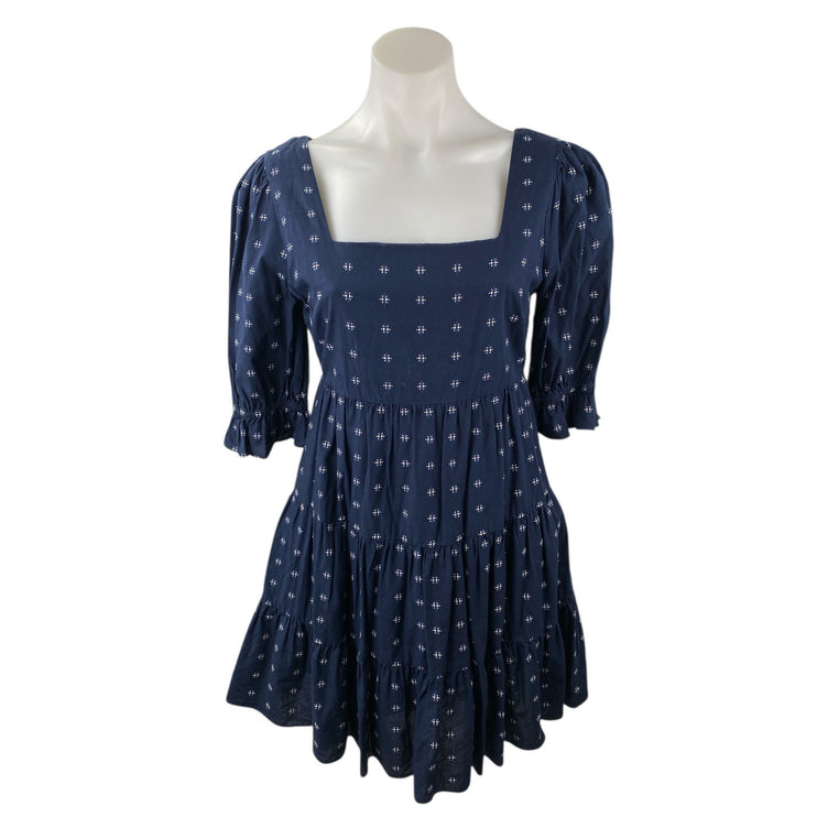 Madewell Blue Floral Square Neck Half Sleeve Tiered Mini Flare A-Line Dress Sz 2