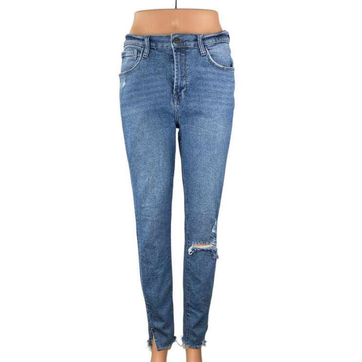 Kensie Vintage Luxe Womens Blue Distressed High Rise Slim Straight Denim Jeans 8