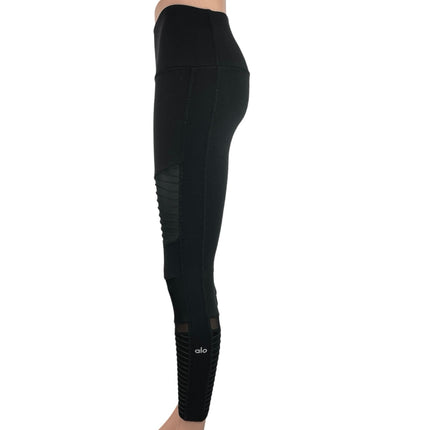 Alo Yoga Moto Black High Waist Mesh Panels Stretch Ankle Cropped Moto Leggings Size S