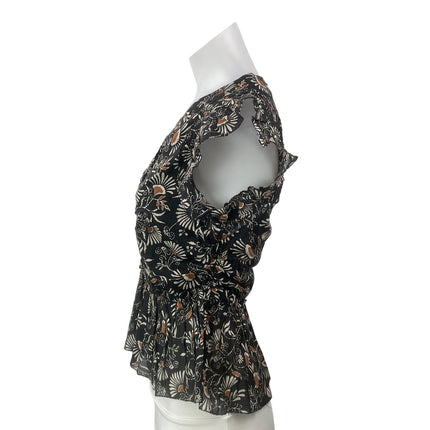 Rails Women's Black Floral Ruffle V Neck Ruched Peplum Crop Blouse Top Size S