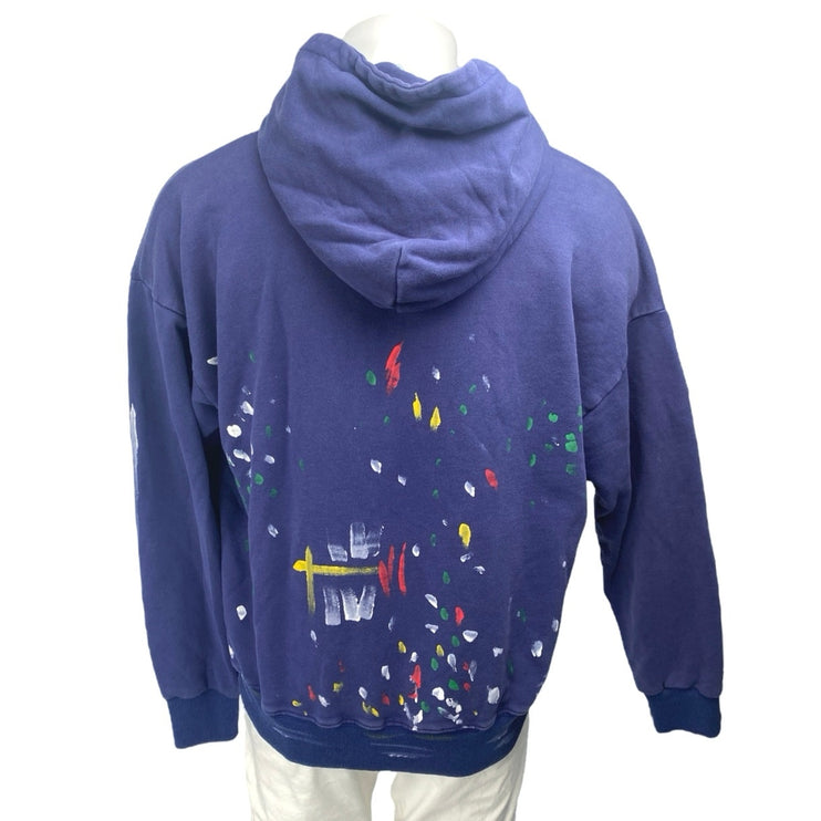 Gallery Dept Men's Blue Paint Graphic Logo Hoodie Hooded Sweatshirt Top Size L698