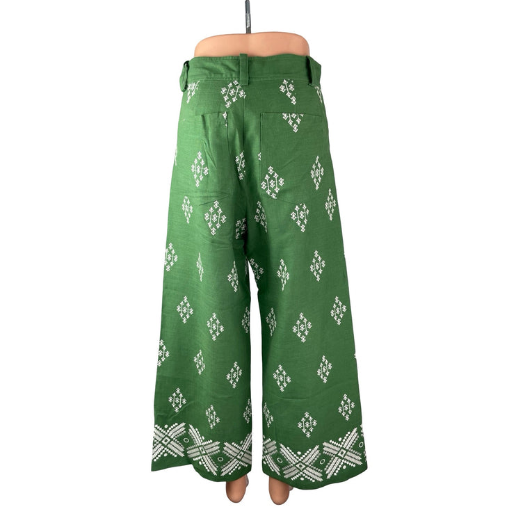 Zara Women's Green White Linen Embroidered High Rise Crop Wide Leg Trousers S
